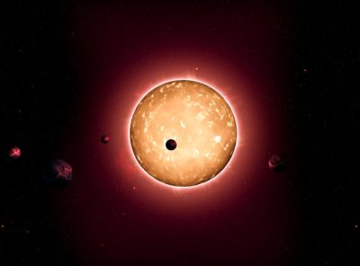 Kepler-444 hosts five Earth-sized planets in very compact orbits. The planets were detected from the dimming that occurs when they transit the disc of their parent star, as shown in this artist's conception. Credit: Tiago Campante/Peter DevineKepler-444 is a metal-poor Sun-like star located in the constellation Lyra, 116.4 light-years away. Also known as HIP 94931, KIC 6278762, KOI-3158, and LHS 3450, this pale yellow-orange star is very bright and can be easily seen with binoculars. It was formed 11.2 billion years ago, when the Universe was less than 20 percent its current age. It is approximately 25 percent smaller than the Sun and substantially cooler.