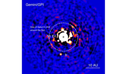 Discovery image of 51 Eri b with the Gemini Planet Imager taken in the near-infrared light on December 18, 2014. The bright central star has been mostly removed by a hardware and software mask to enable the detection of the exoplanet one million times fainter. Credits: J. Rameau (UdeM) and C. Marois (NRC Herzberg).