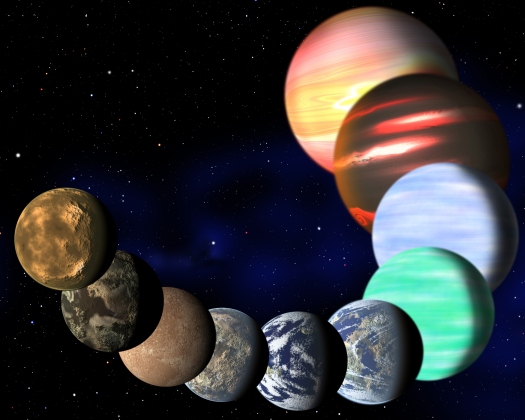 This artist's illustration represents the variety of planets being detected by NASA's Kepler spacecraft. A new analysis has determined the frequencies of planets of all sizes, from Earths up to gas giants. (C. Pulliam & D. Aguilar, CfA)