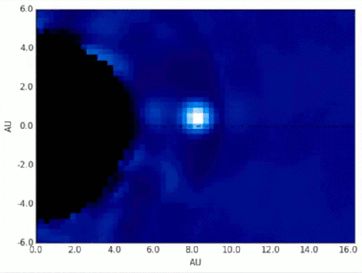 The animation is a series of images taken between November 2013 and April 2015 with the Gemini Planet Imager (GPI) on the Gemini South telescope in Chile, and shows the exoplanet β Pictoris b, which is more than 60 lightyears from Earth. The star is the black area on the left edge of the frame and is hidden by the Gemini Planet Imager’s coronagraph. We are looking at the planet’s orbit almost edge-on, with the planet closer to the Earth than the star. (M. Millar-Blanchaer, University of Toronto; F. Marchis, SETI Institute) 