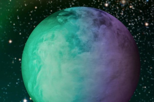 Analysis of data from the Kepler space telescope has shown that roughly half of the dayside of the exoplanet Kepler-7b is covered by a large cloud mass. Statistical comparison of more than 1,000 atmospheric models show that these clouds are most likely made of Enstatite, a common Earth mineral that is in vapor form at the extreme temperature on Kepler-7b. These models varied the altitude, condensation, particle size, and chemical composition of the clouds to find the right reflectivity and color properties to match the observed signal from the exoplanet. Courtesy of NASA (edited by Jose-Luis Olivares/MIT)