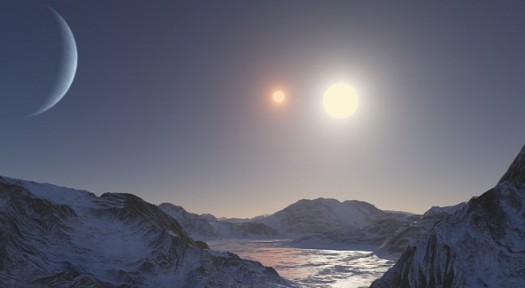 Illustration of what a sunset might look like on a moon orbiting Kepler 47c and its two suns. (Softpedia)