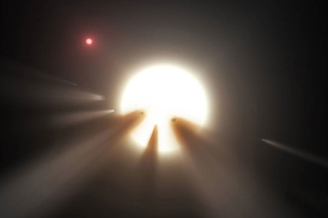 Artist rendering of star xxx, and the unexplain ed objects close to it. KNown as "Tabby's" star