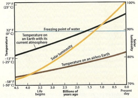 According to the stellar evolution theory, the young Sun radiated much less energy than it does today. It was only about one billion years ago that it warmed the Earth to above the freezing point of water. The Cambrian explosion followed 1/2 billion years later to initiate the diversification of multicellular life. However geological evidence has shown that unicellular organisms existed between 3.5 to 3.8 billion years ago even when there was not enough solar energy to liquefy the water. This is known as the “faint young sun paradox"