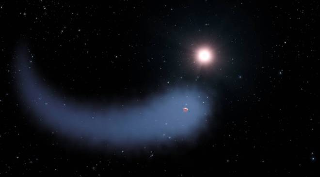 In this artist's concept shows "The Behemoth," an enormous comet-like cloud of hydrogen bleeding off of a warm, Neptune-sized planet just 30 light-years from Earth. The hydrogen is evaporating from the planet due to extreme radiation from the star, but on many exoplanets it remains a thick covering. (NASA, ESA, and G. Bacon, STScI)