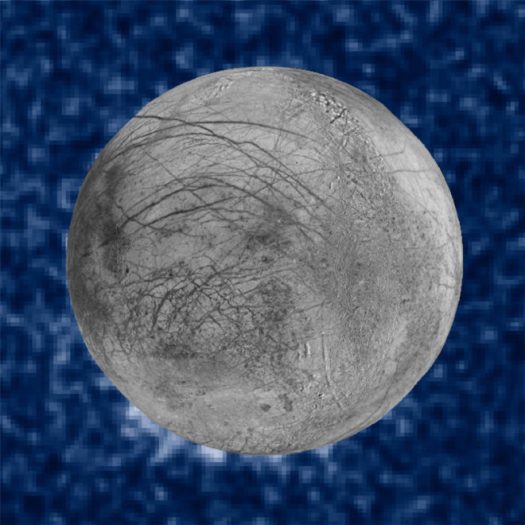 Figure 2: This composite image shows suspected plumes of water vapor erupting at the 7 o’clock position off the limb of Jupiter’s moon Europa. The Hubble data were taken on January 26, 2014. The image of Europa, superimposed on the Hubble data, is assembled from data from the Galileo and Voyager missions. Credits: NASA/ESA/W. Sparks (STScI)/USGS Astrogeology Science Center Image comparison of 2014 transit and 2012 Europa aurora observations