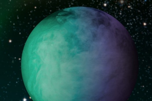 Analysis of data from the Kepler space telescope has shown that roughly half of the dayside of the exoplanet Kepler-7b is covered by a large cloud mass. Statistical comparison of more than 1,000 atmospheric models show that these clouds are most likely made of Enstatite, a common Earth mineral that is in vapor form at the extreme temperature on Kepler-7b. These models varied the altitude, condensation, particle size, and chemical composition of the clouds to find the right reflectivity and color properties to match the observed signal from the exoplanet. Courtesy of NASA (edited by Jose-Luis Olivares/MIT)