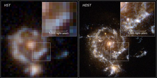 A simulated spiral galaxy as viewed by Hubble, and the proposed High Definition Space Telescope (HDST) at a lookback time of approximately 10 billion years (z = 2) The renderings show a one-hour observation for each space observatory. Hubble detects the bulge and disk, but only the high image quality of HDST resolves the galaxy’s star-forming regions and its dwarf satellite. The zoom shows the inner disk region, where only HDST can resolve the star-forming regions and separate them from the redder, more distributed old stellar population. Image credit: D. Ceverino, C. Moody, G. Snyder, and Z. Levay (STScI)500 light years away, as imaged by Hubble and potential of the kind of telescope the exoplanet community is working towards.