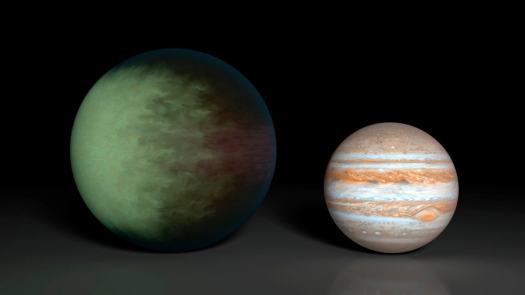 Artist's conception of the clouds on Kepler-7b, compared for size with Jupiter (right). Many exoplanets and brown dwarfs have mostly hydrogen-helium atmospheres that are covered in layers of mineral dust, while Jupiter’s hydrogen-helium atmosphere has clouds of ammonia. (NASA/JPL-Caltech/MIT) 