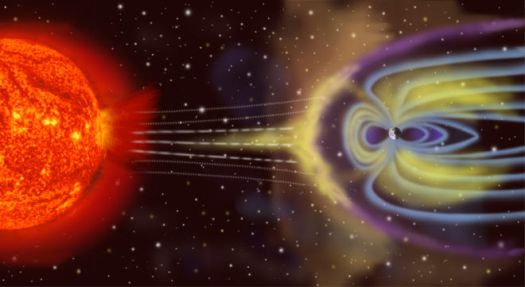 Illustration of solar wind arriving at Earth's magnetosphere