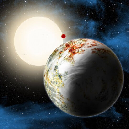 An artist concept shows the Kepler-10 system, home to two rocky planets. In the foreground is Kepler-10c, a planet that weighs 17 times as much as Earth and is more than twice as large in size. This discovery has planet formation theorists challenged to explain how such a world could have formed. (Harvard-Smithsonian Center for Astrophysics/David Aguilar) 