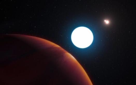 This artist's impression shows a view of the triple-star system HD 131399 from close to the giant planet orbiting in the system. The planet is known as HD 131399Ab and appears at the lower-left of the picture. Located about 320 light-years from Earth in the constellation of Centaurus (The Centaur), HD 131399Ab is about 16 million years old, making it also one of the youngest exoplanets discovered to date, and one of very few directly imaged planets. With a temperature of around 580 degrees Celsius and an estimated mass of four Jupiter masses, it is also one of the coldest and least massive directly-imaged exoplanets.